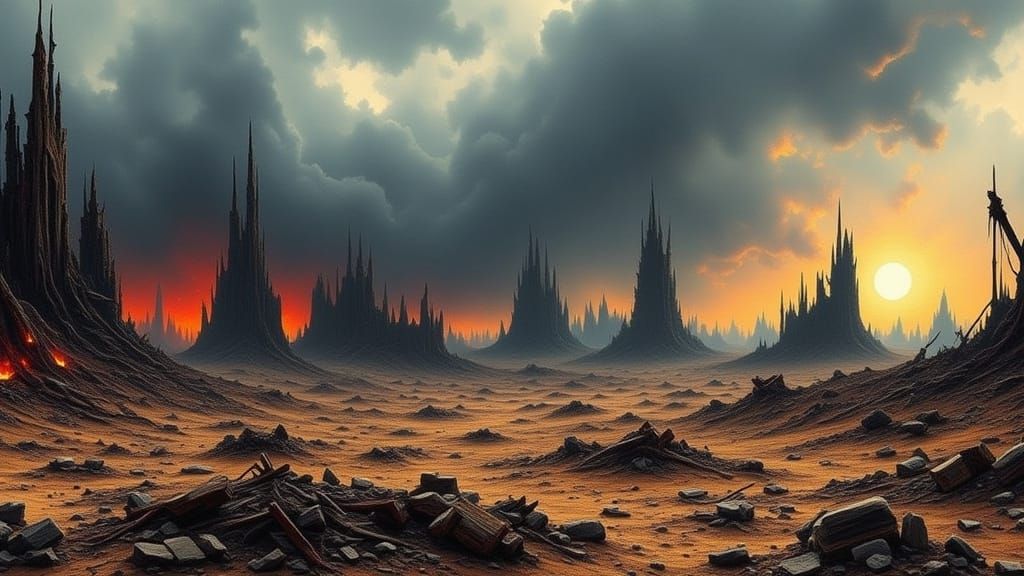 Post-Apocalyptic Trek Through War-Torn Landscape