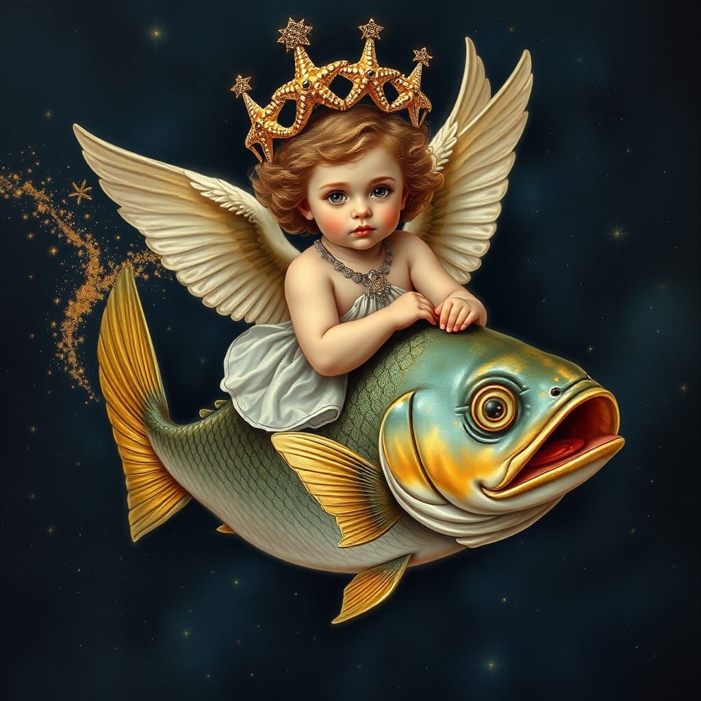 Elegant Cherub Rides a Glowing Fish through the Starry Night