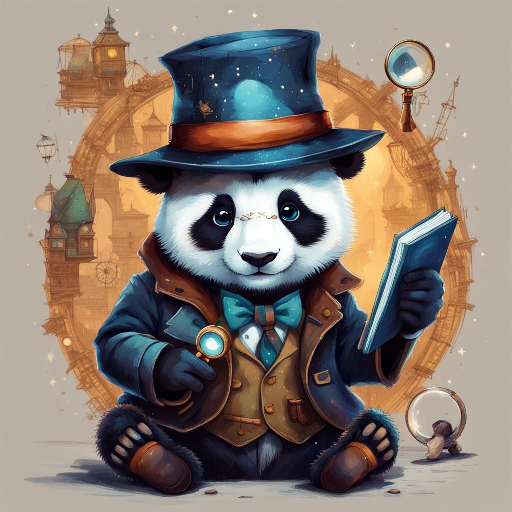Baby Panda Detective Roaming Moonlit Streets