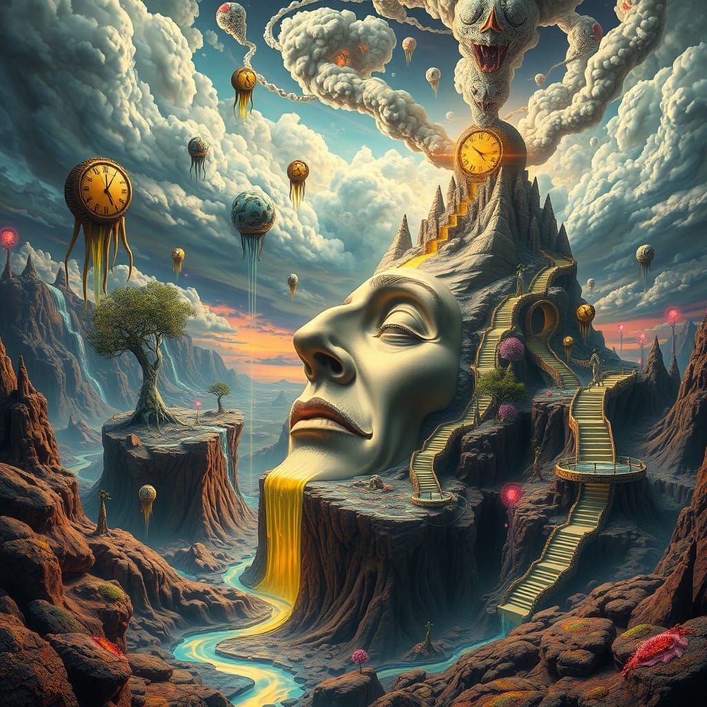 Surreal Dreamscape with Melting Face and Floating Objects