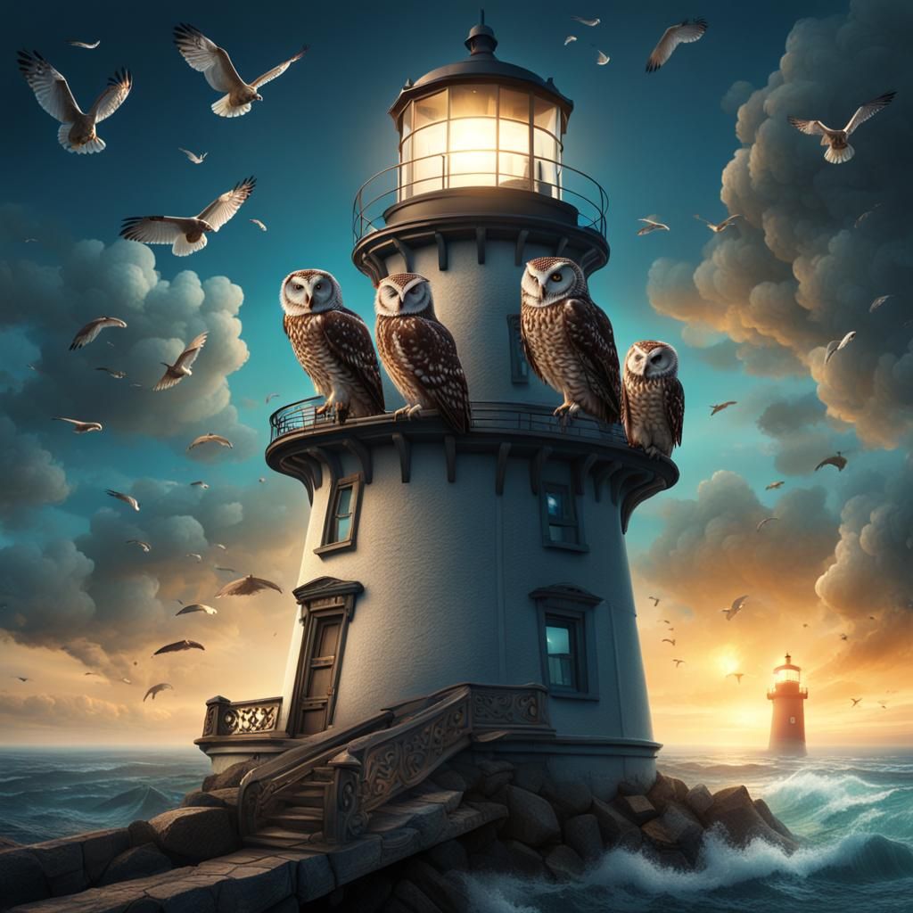 Owls Guarding Lighthouse: Dramatic Digital Painting