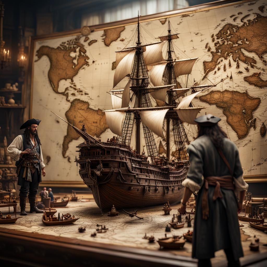 Pirates Plan on World Map: Hyperrealistic Digital Art