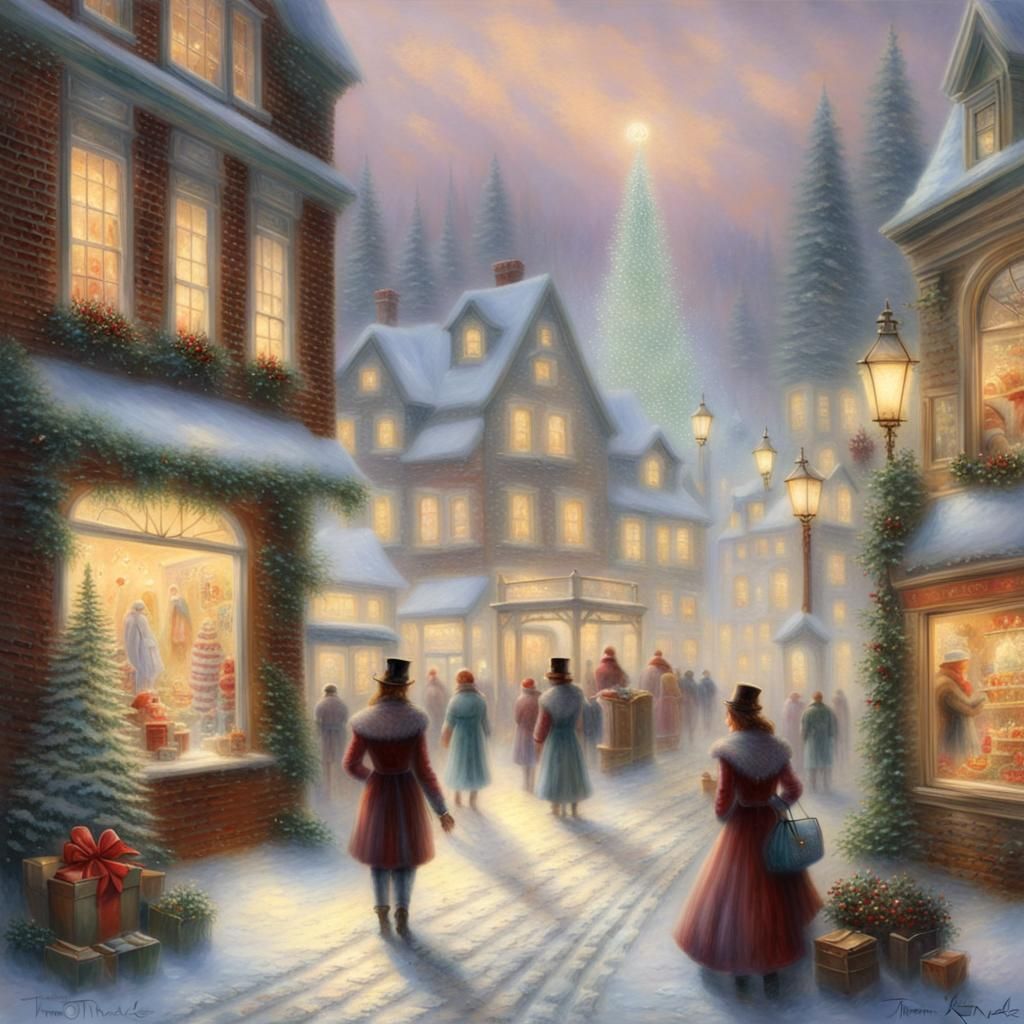 Ethereal Christmas Shopping Scene in Kinkade Style