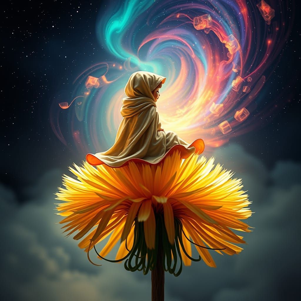 Miniature Figure in Iridescent Cloak Amidst Whirling Colors ...