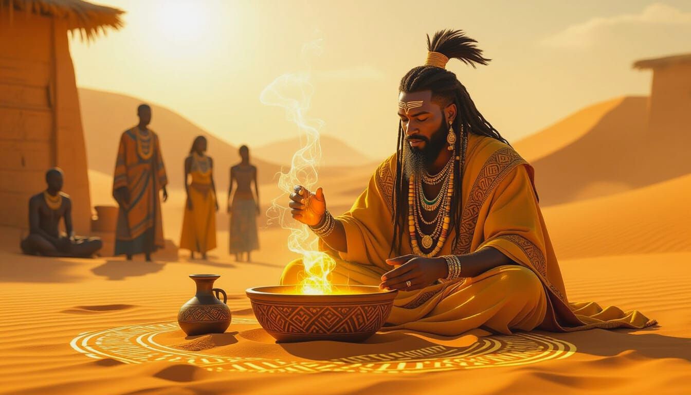 African Mystic Mixes Radiant Soul Potion in Desert Oasis