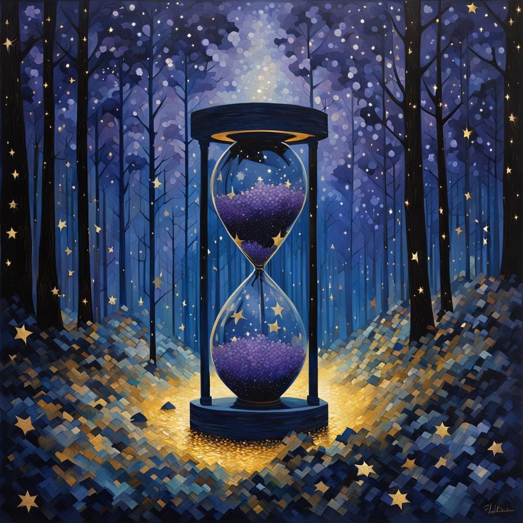Hourglass in Dark Forest Under Stars, Expressionistic Style