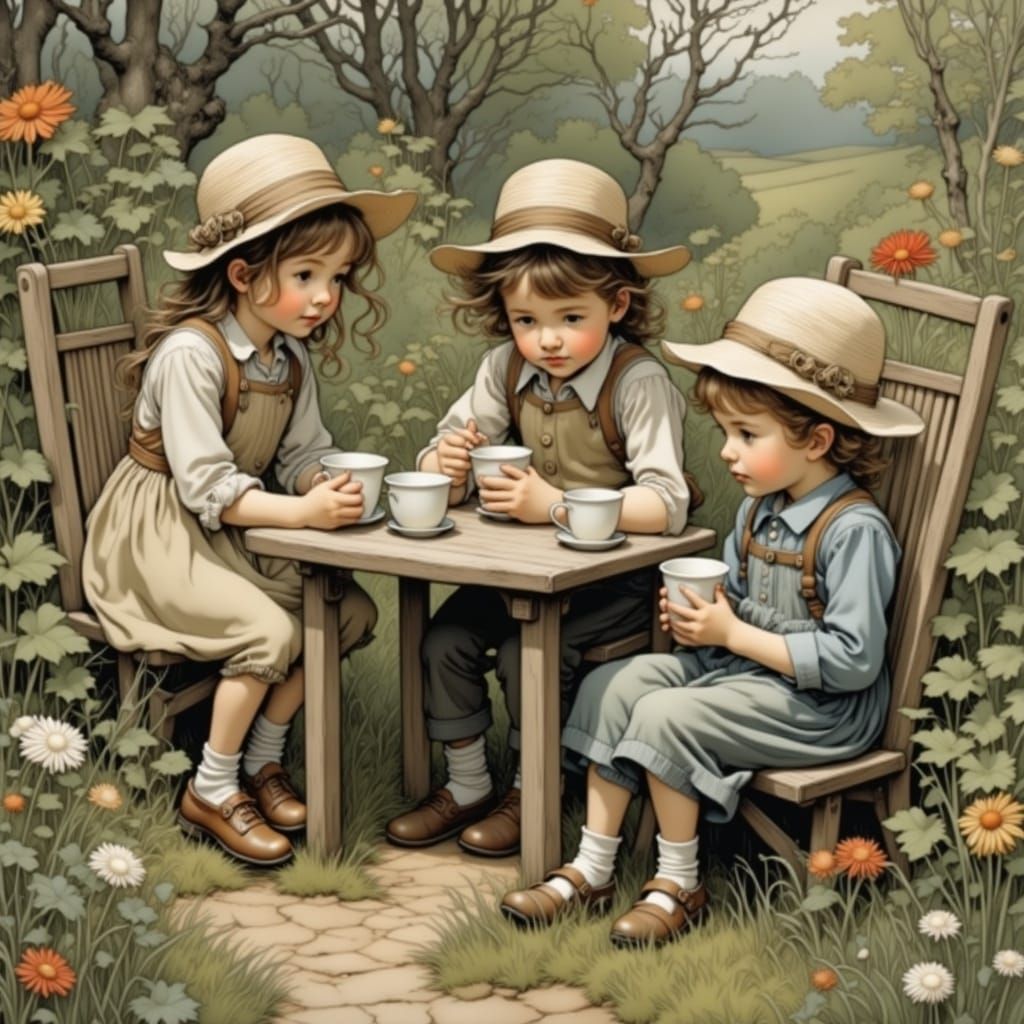 Friends Drinking Coffee in Garden Illustration