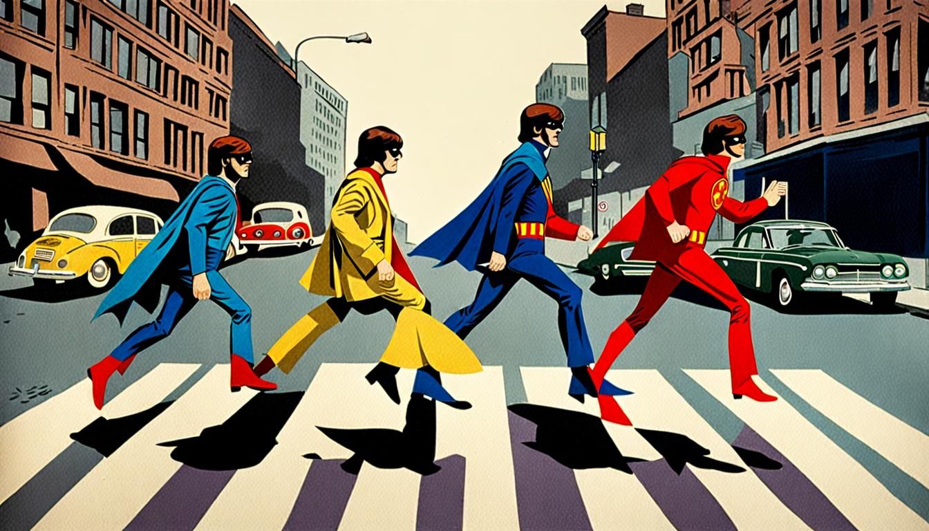 The Beatles as Superheroes Crossing Abbey Road