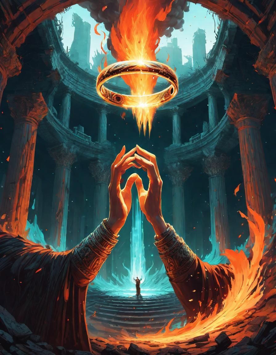Fiery Ring Grabbing Hands in Pixel Art