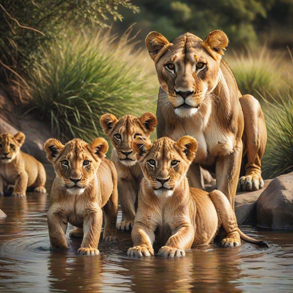 Regal Lioness and Cubs Amidst Majestic Riverbank Landscape