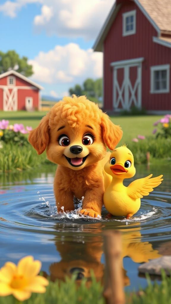 Whimsical 3D Orange Puppy Splashing in Water
