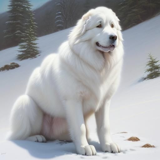 Great Pyrenees Dog in Snowy Landscape as Oil Painting
