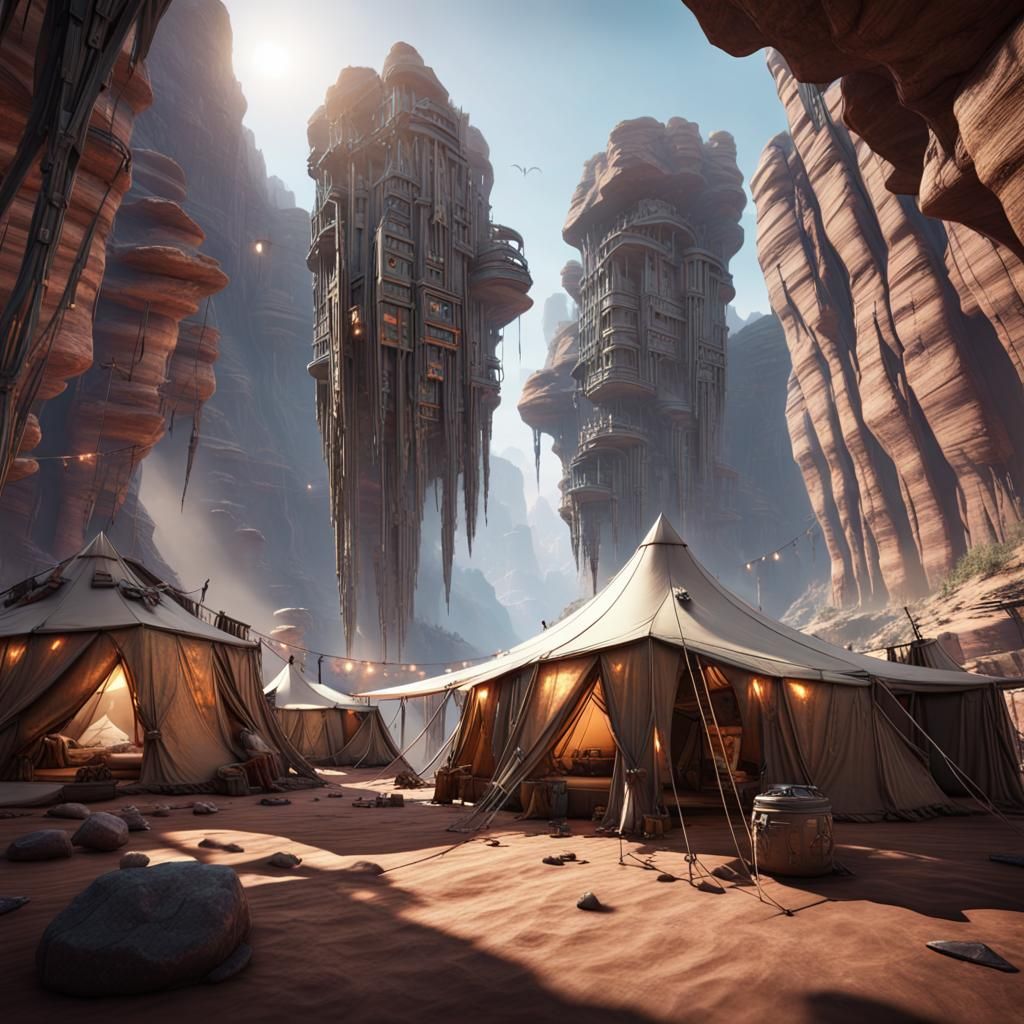 Alien Tribal City on Canyon Walls in 3D