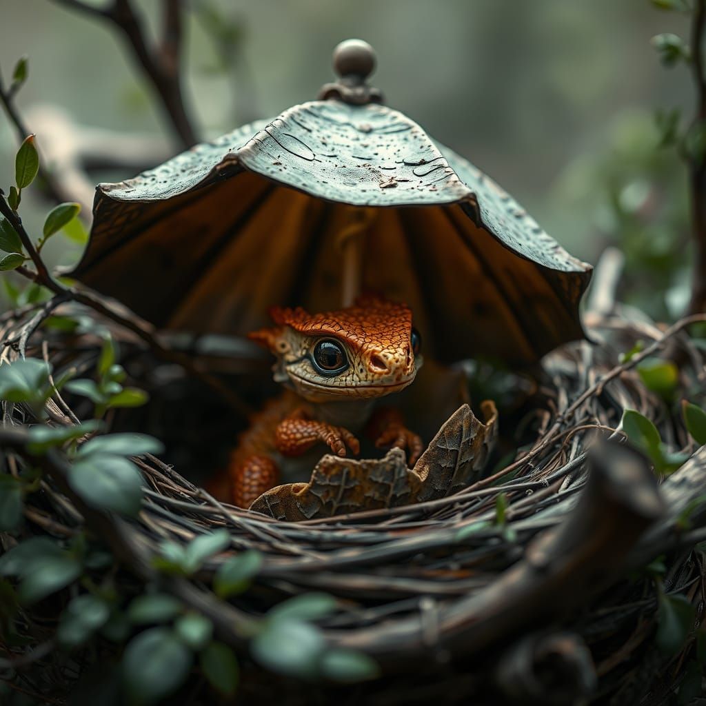 This serene image captures a baby dragon peeking out from it...
