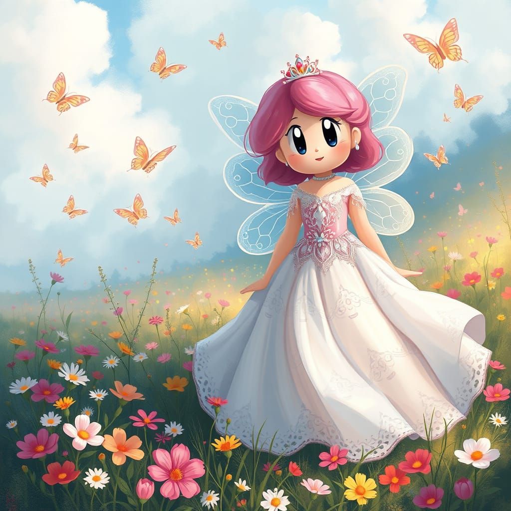Whimsical Fairy Goddess in Vibrant Floral Wonderland