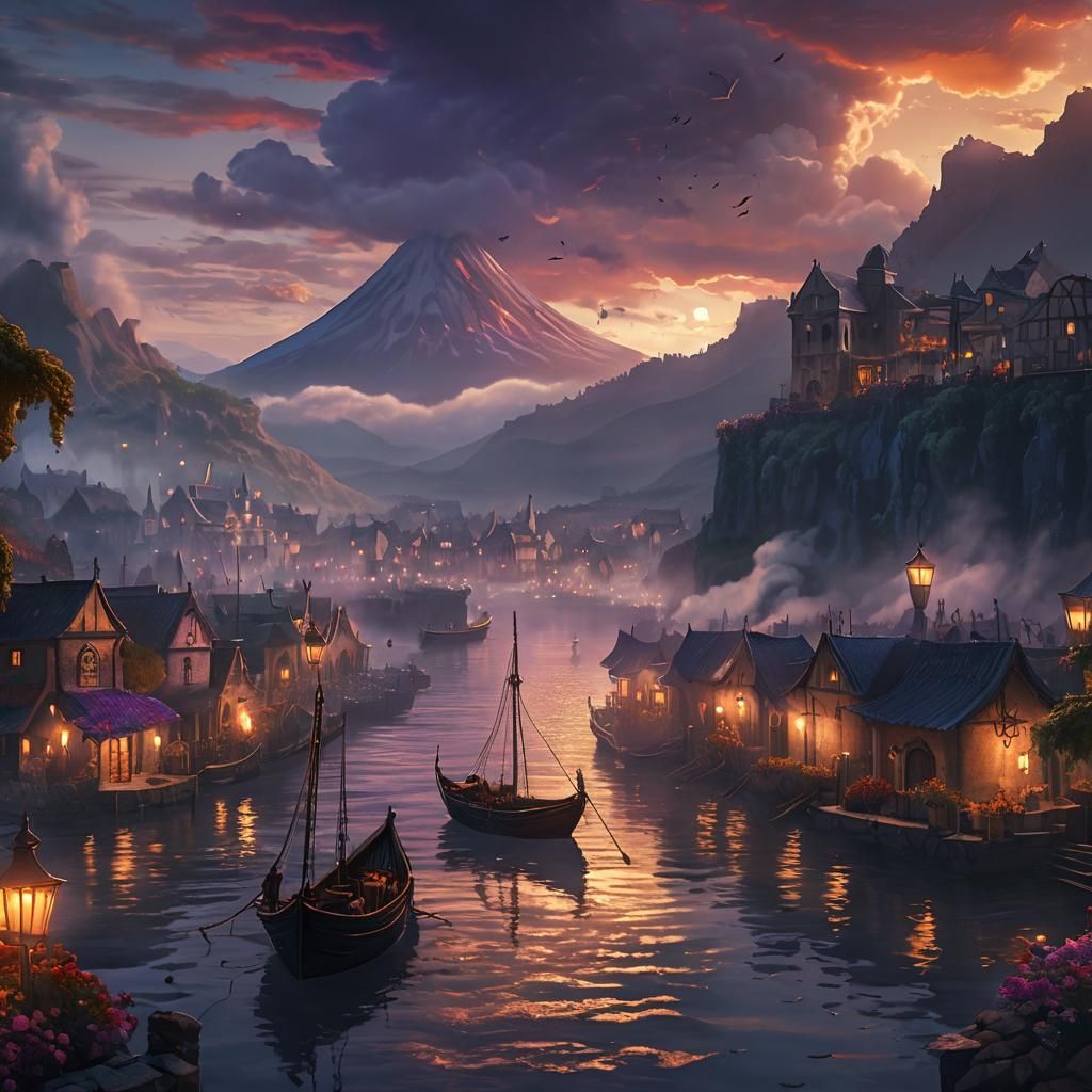 Mystical Medieval Harbor City near Volcano