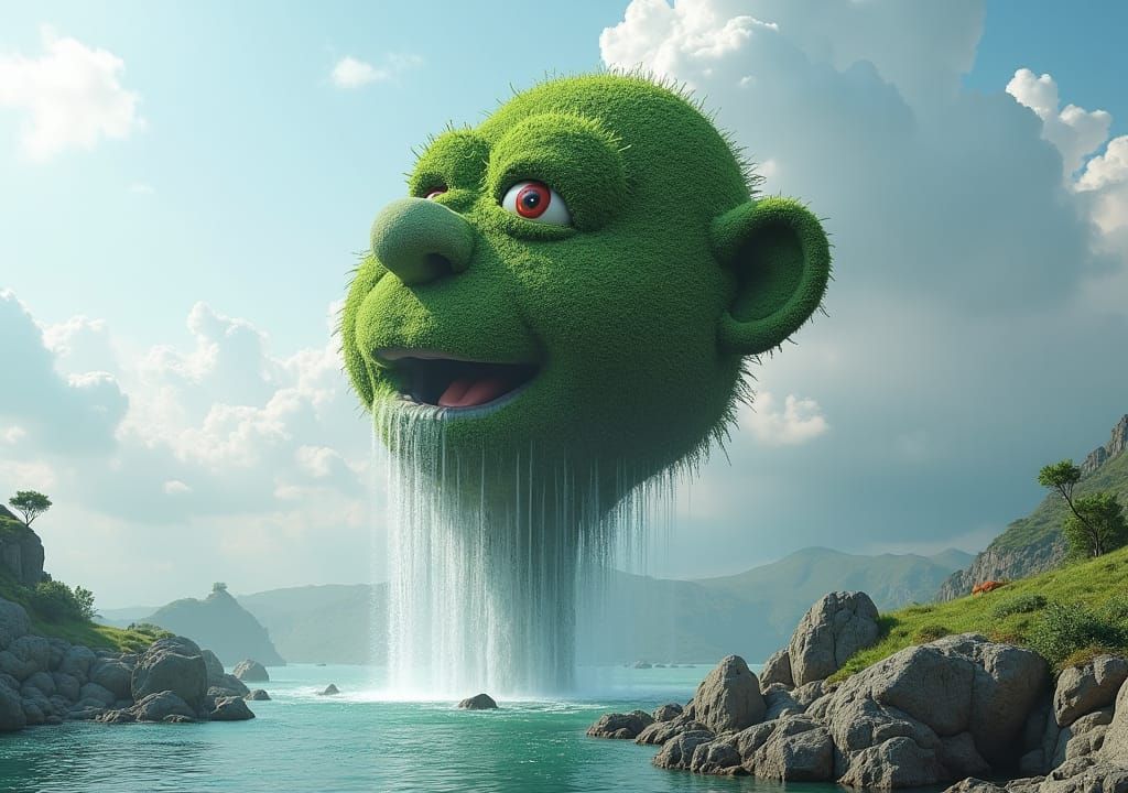 Floating Muppet Head in Surreal Landscape