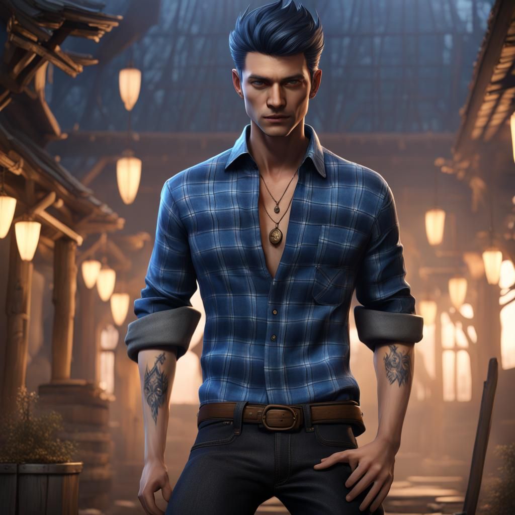 Kitsune Model in Blue Flannel: Fantasy Art