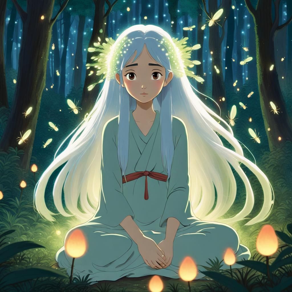 Ghibli Forest Deity with Fireflies in Soft Watercolor