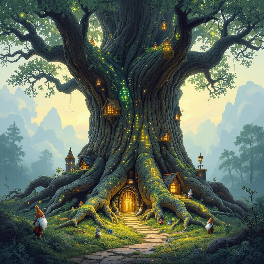 Ancient Bioluminescent Tree Village with Gnome Homes