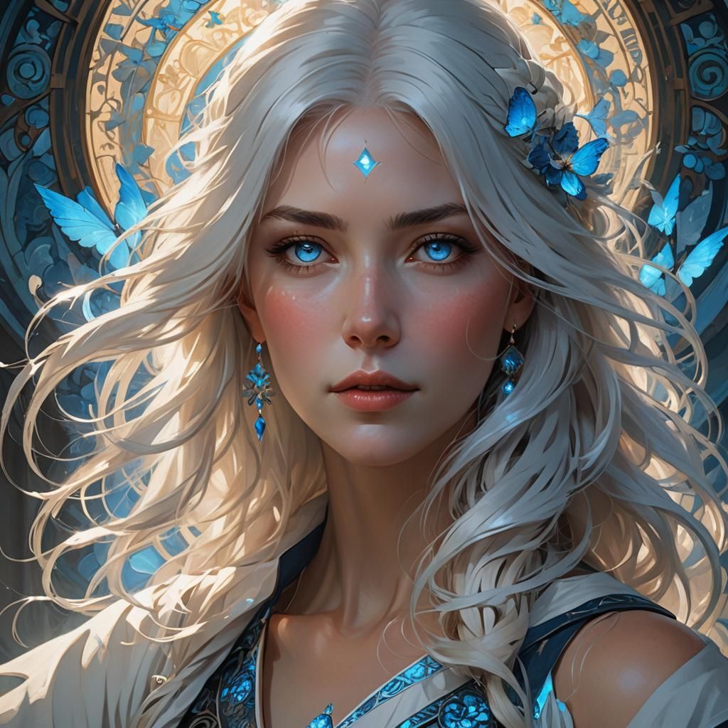 Beautiful woman with glowing blue eyes and white hair
