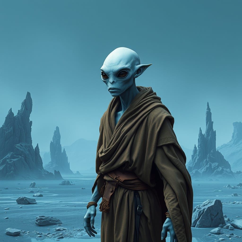 Bleak Blue Planet of a Bald Alien in Sci-Fi Style