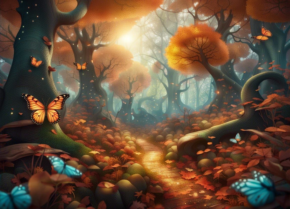 Whimsical Autumn Fantasy Forest: Detailed Digital Painting