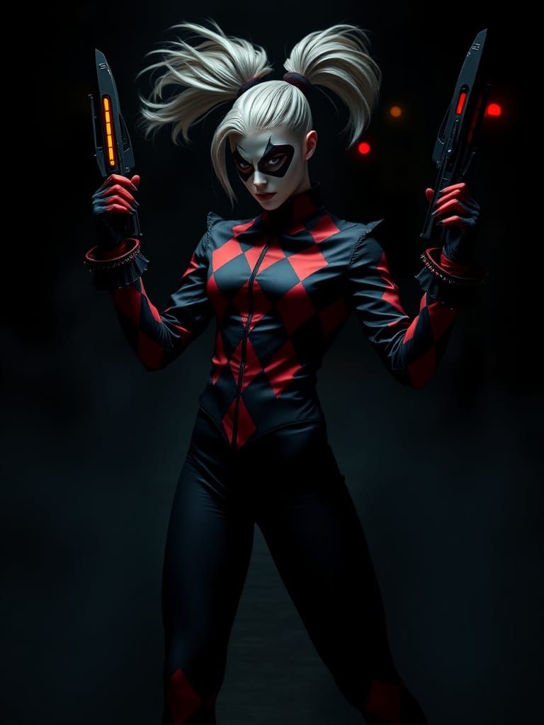 Harlequin Figure with Futuristic Weapon in High Contrast