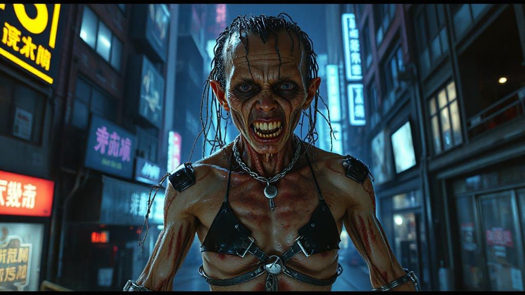 A surreal, deformed humanoid figure