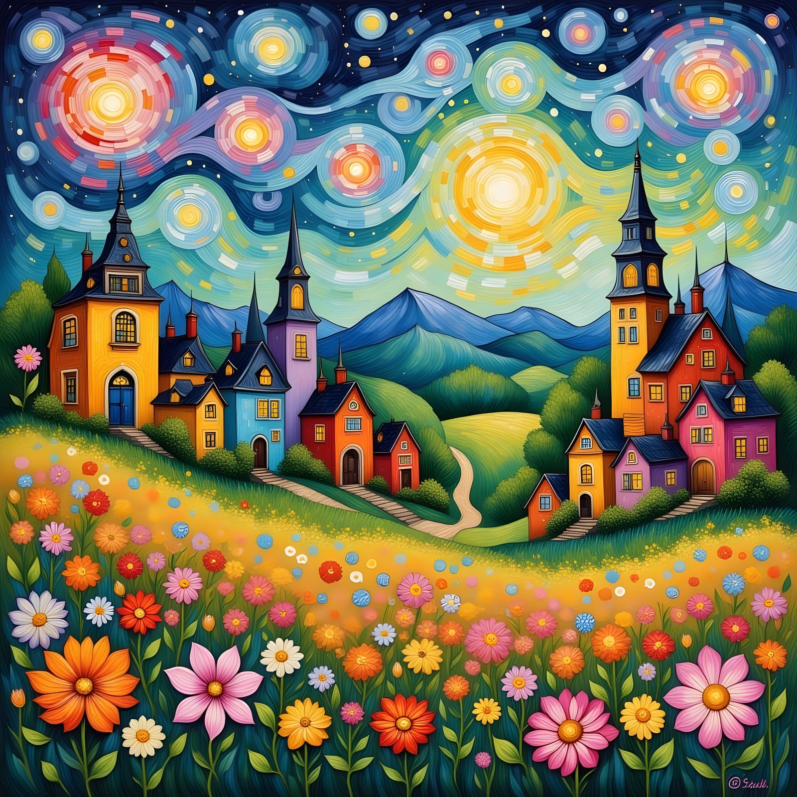 A whimsical village nestled in a valley…