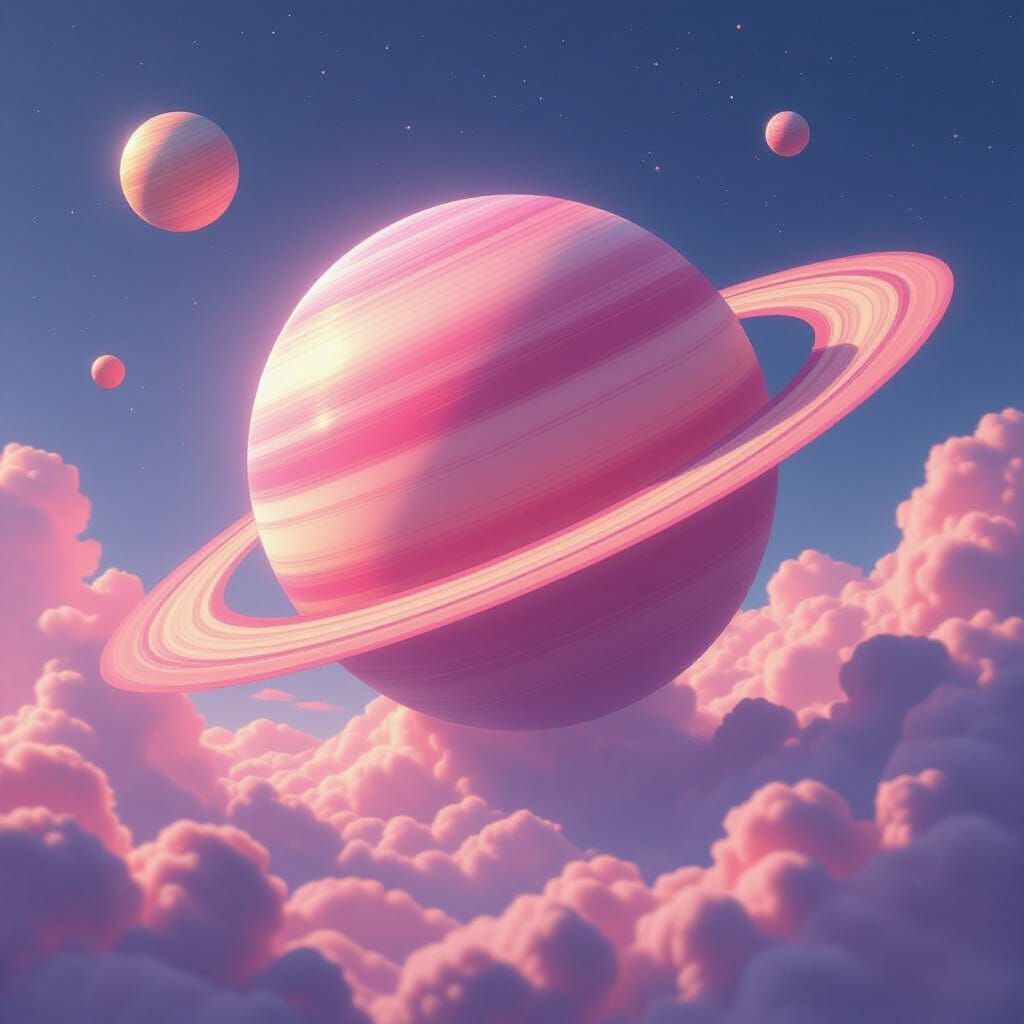 Pink Ringed Planet in Dreamy Digital Art Style