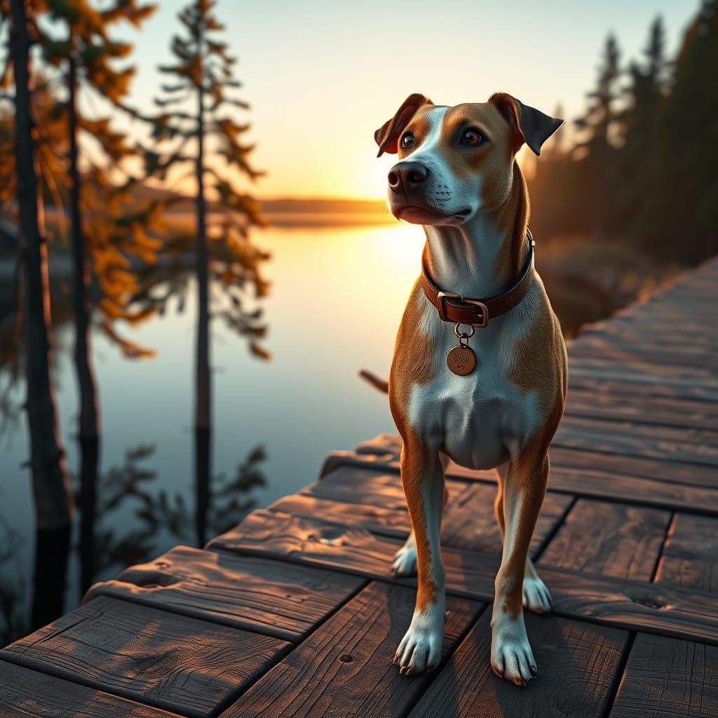 Three-Legged Dog on Wooden Dock at Sunset in Hyper-Realistic...