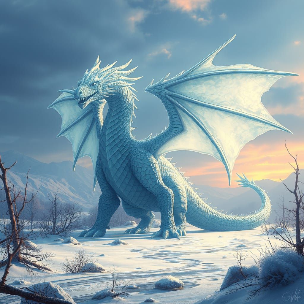 Majestic Ice Dragon Over Frozen Tundra, Digital Art