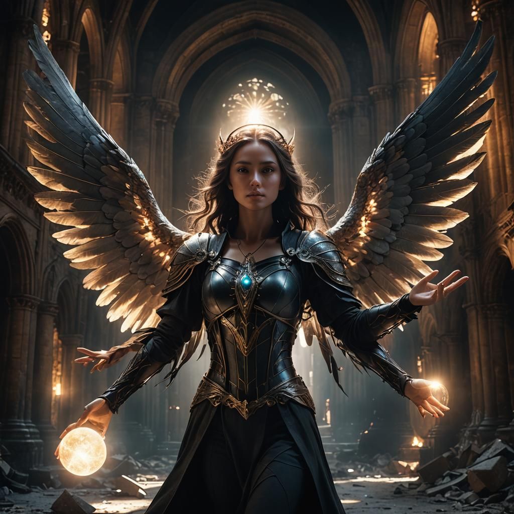 Dark Fantasy Angel with Glowing Orb