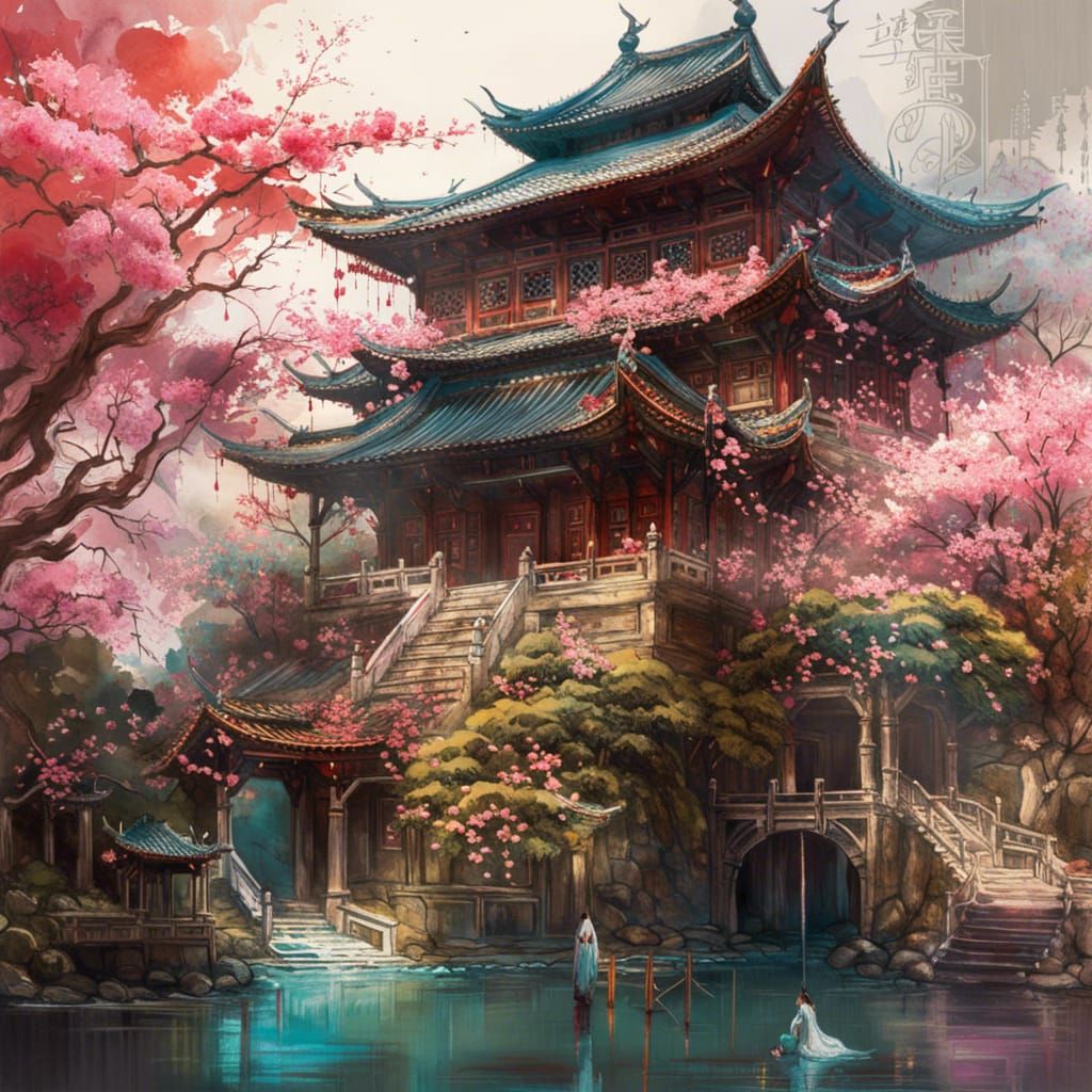 Chinese Temple and Sakura Garden Art
