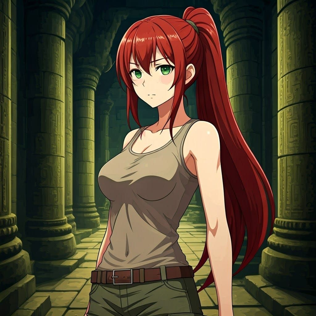 Anime Woman in Ancient Temple, Cel-Shaded Style