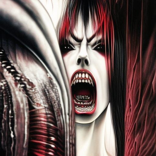 Gritty Inkpunk Vampire Woman in Vivid Reds and Blacks