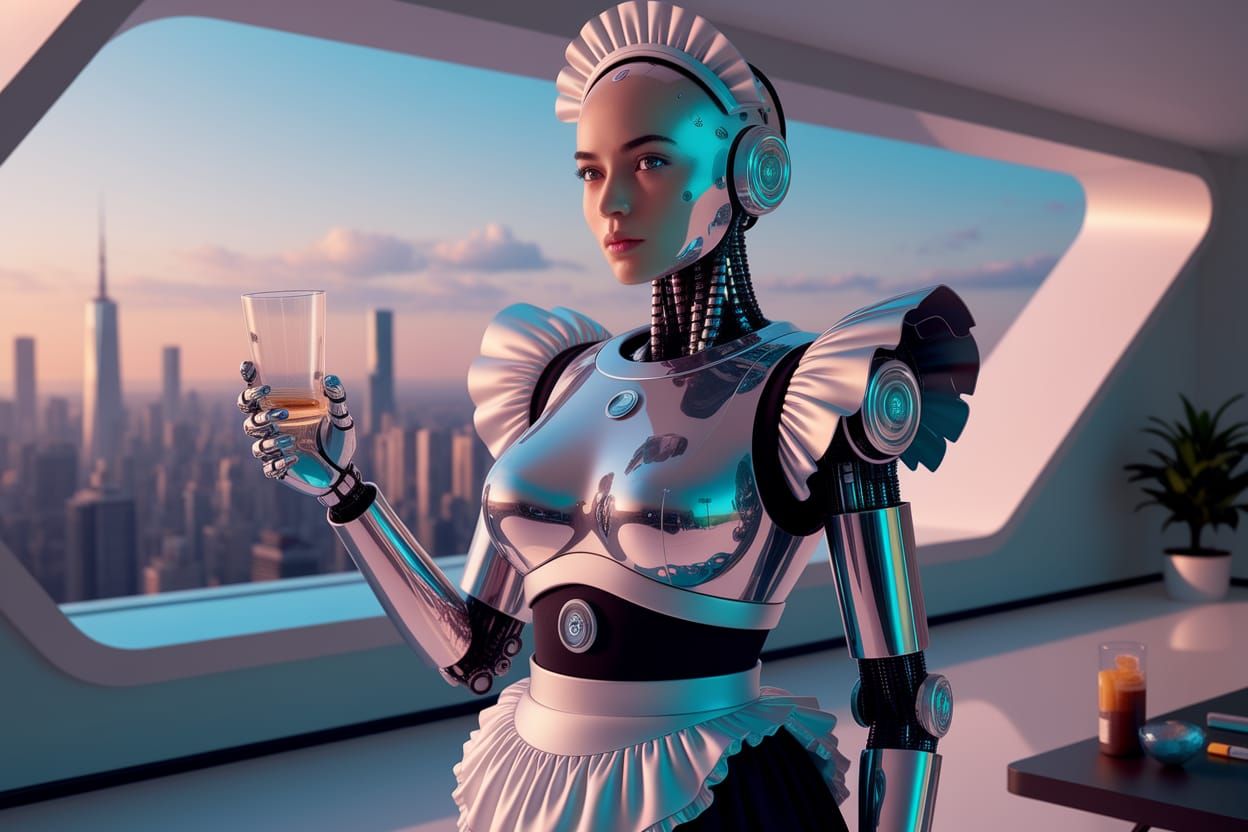 Retro Futuristic Maid Robot in a Chrome Covered Metallic Hom...