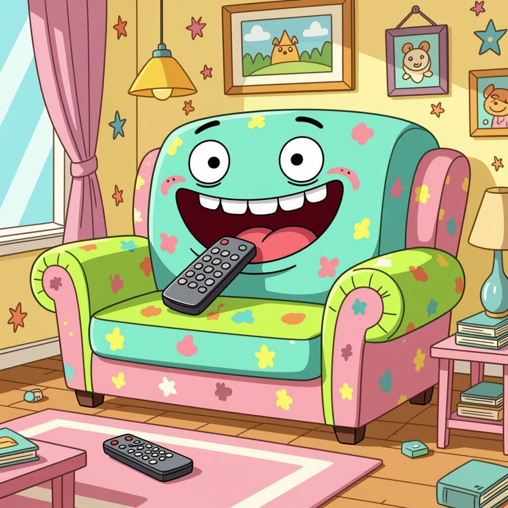 Sentient Couch Swallows Remote in Whimsical Cartoon Style