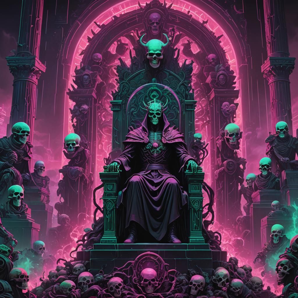 A pic of Hades sitting on a throne made out of skulls