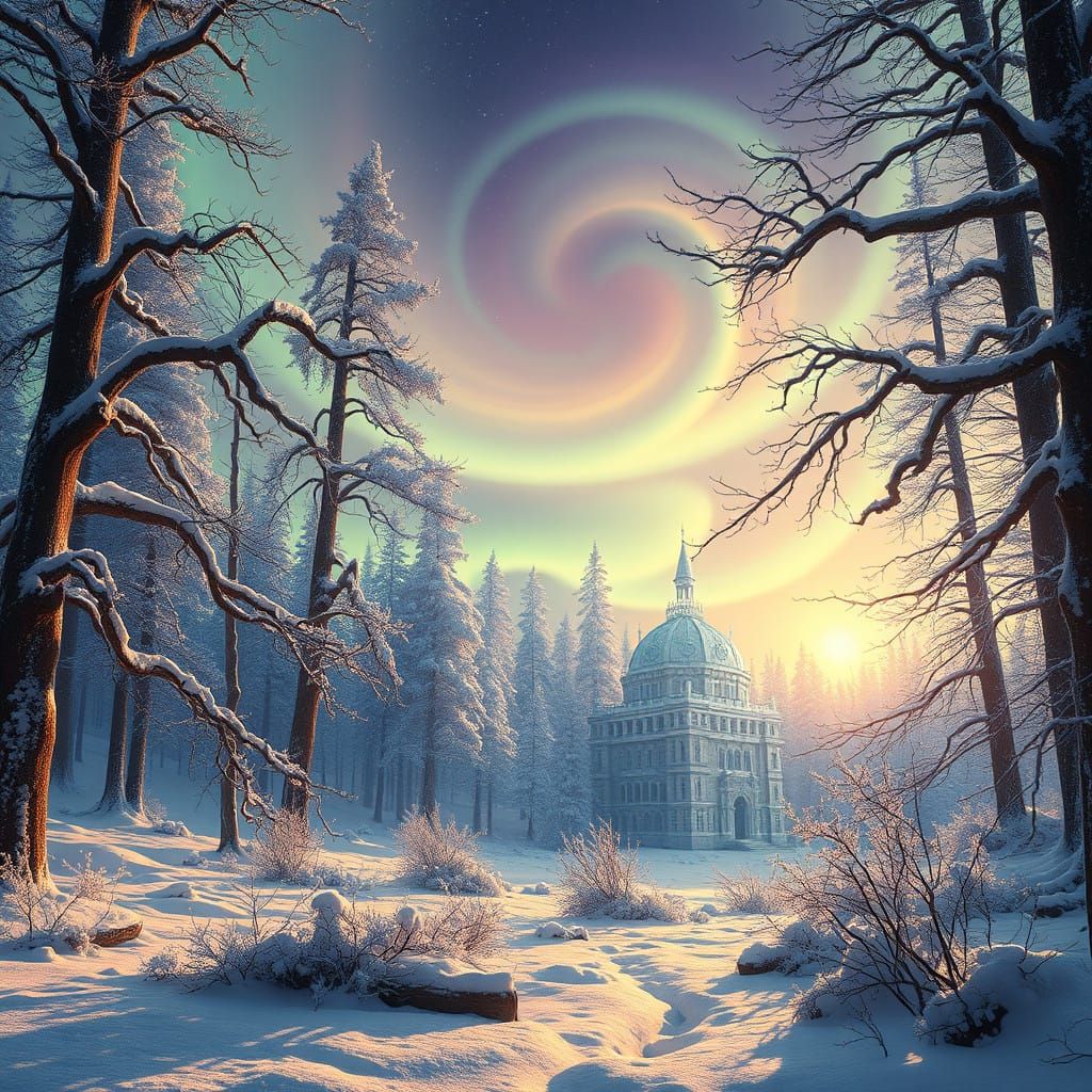 Mystical Winter Solstice Scene in a Serene Snow-Covered Fore...