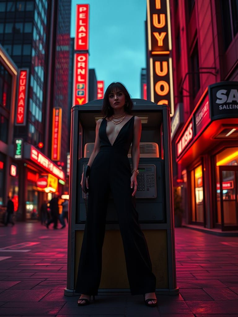 Sultry Urban Goddess Under Neon City Lights