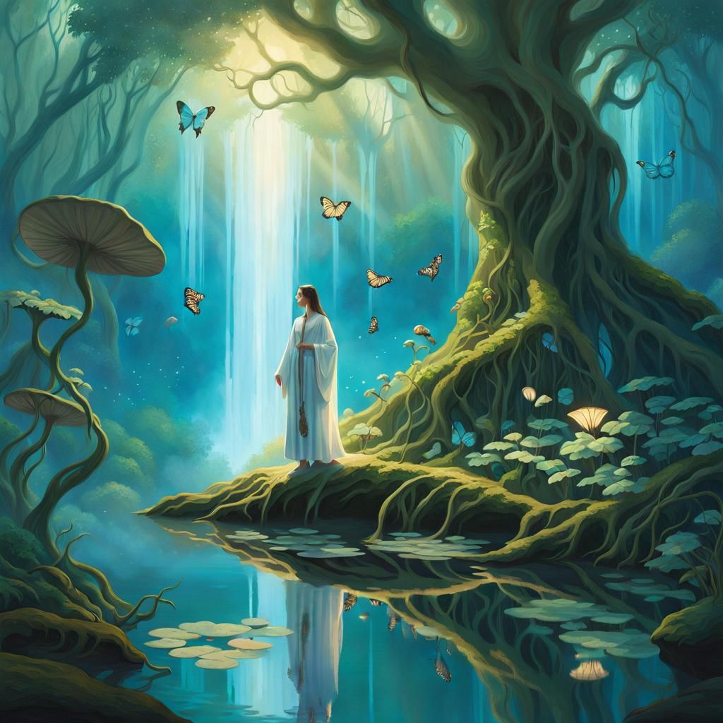 Mystical Jungle Pond: A Dreamlike Fantasy Oil Painting