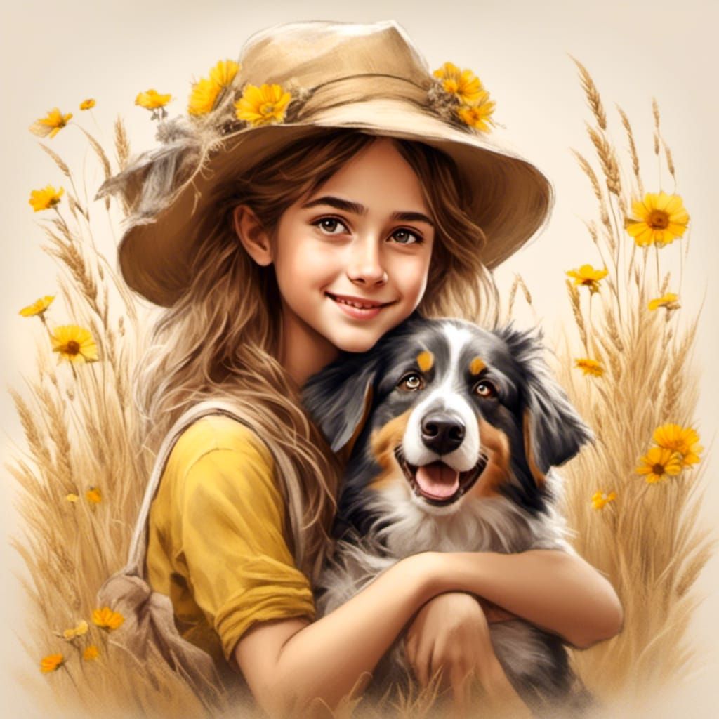 Girl with Dog: A Digital Chalk Art Portrait