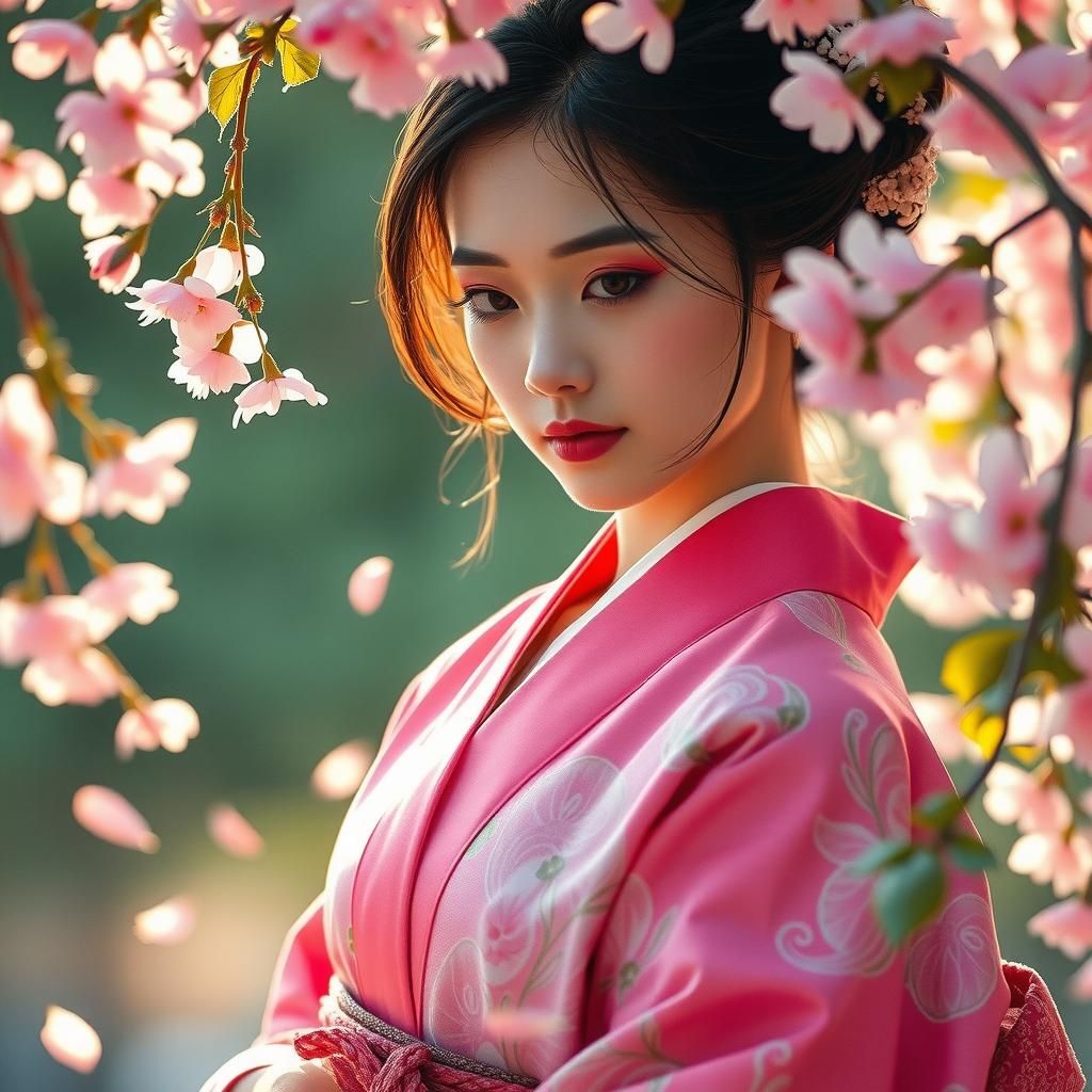Japanese Woman in Kimono Surrounded by Cherry Blossoms