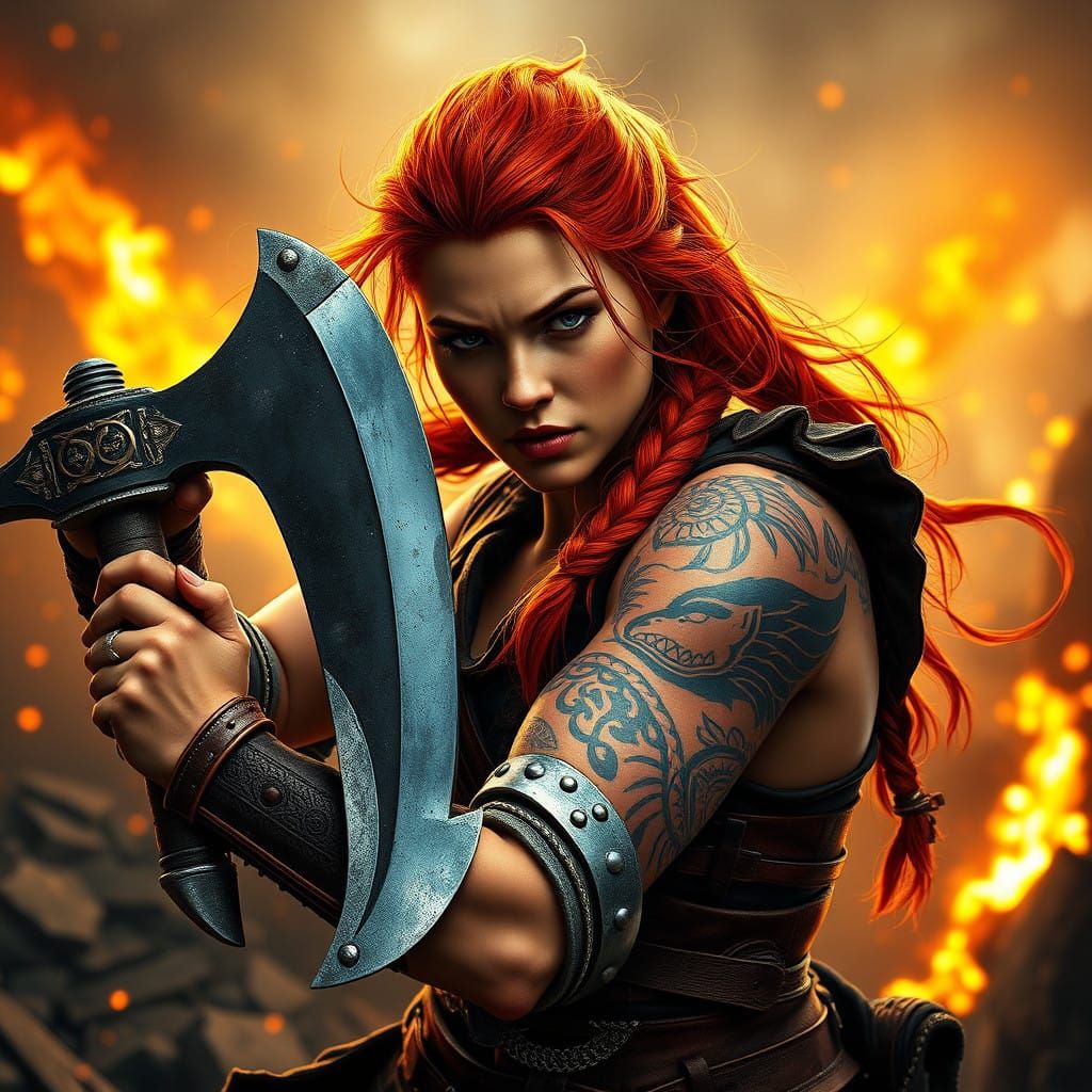 Fiery Warrior Woman in Norse-Inspired Armor