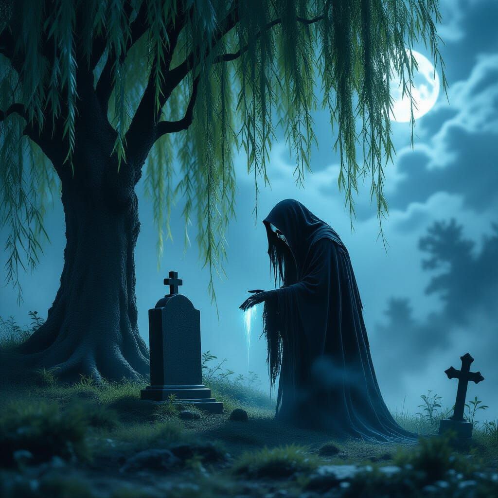 Gothic Grim Reaper Mourns Under Misty Moonlight
