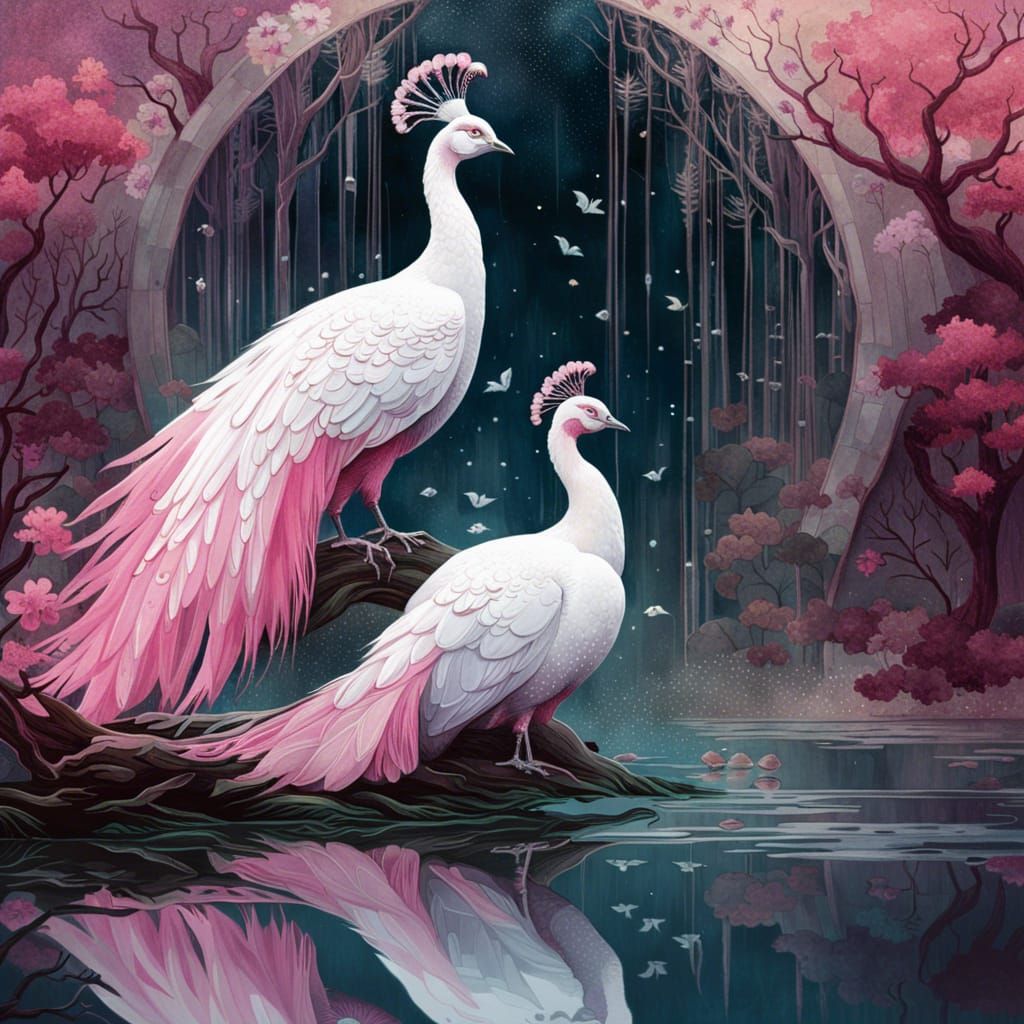beautiful white, pink peacocks