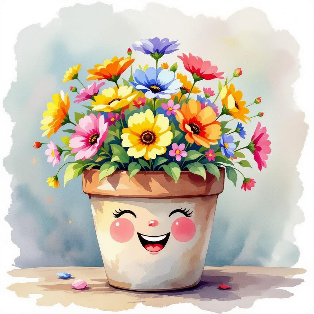 Happy Flower Pot with Colorful Blooms in Watercolor Style