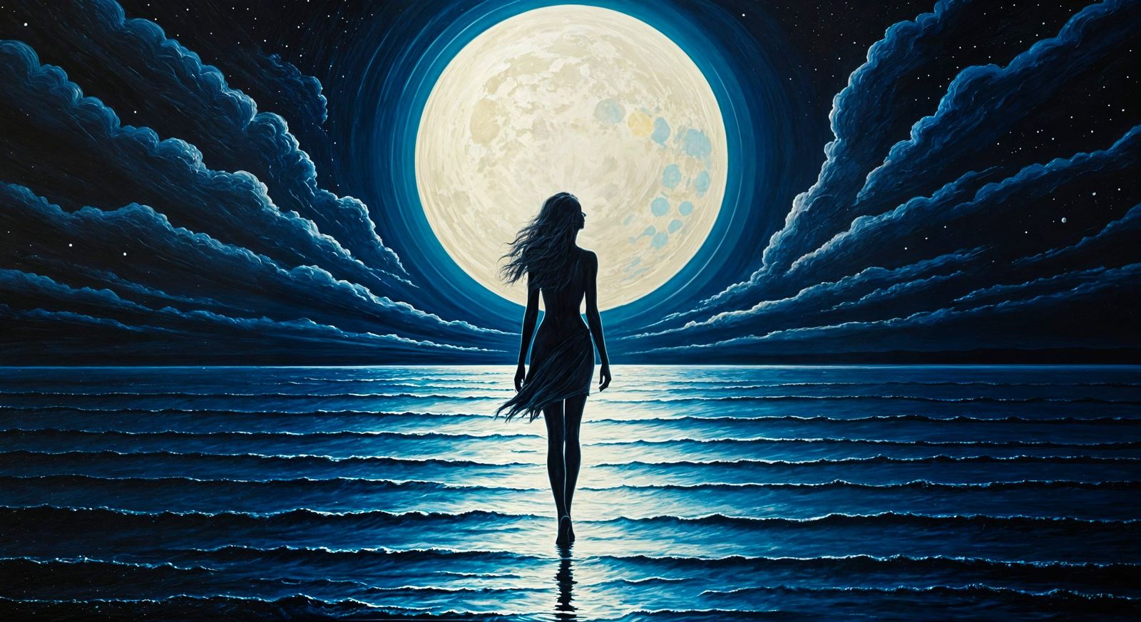 Woman's Silhouette Before Moon, Impasto Oil Painting